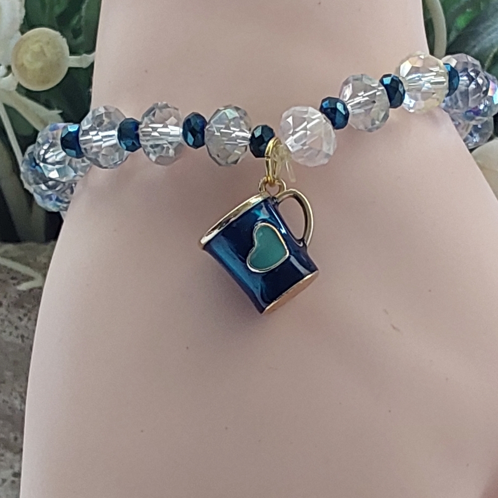 Blue and Silver Beaded Bracelet with Charm - Picture 4 of 6